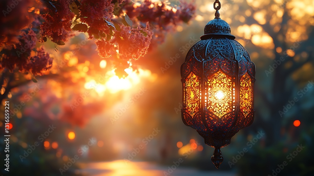 Ornate Lantern Glowing Amidst Vibrant Foliage in a Serene Sunset Setting Ornate Lantern Glowing Amidst Vibrant Foliage in a Serene Sunset Setting