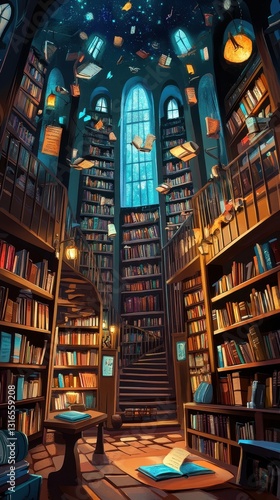 Wallpaper Mural A tall library filled with books and floating reading materials Torontodigital.ca