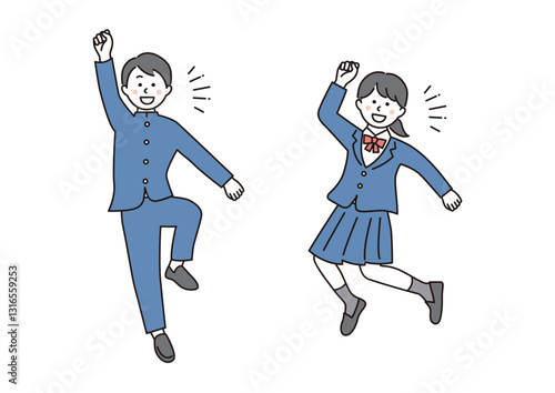 ガッツポーズでジャンプをする学生の男女