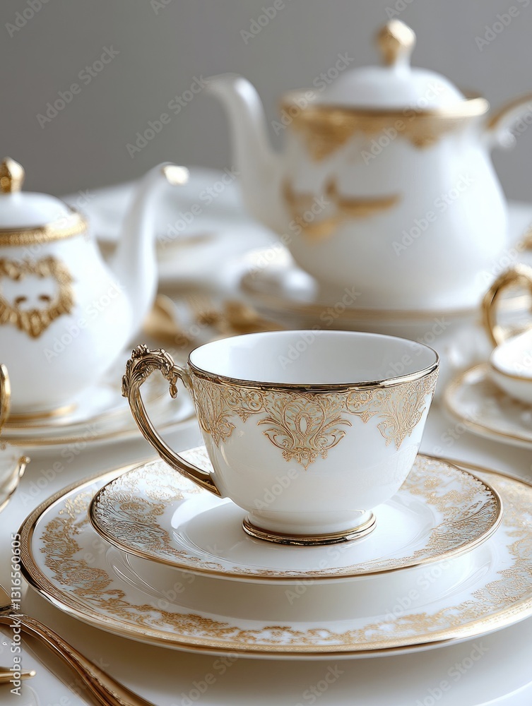 Exquisite porcelain tea set with luxurious golden ornamentation details Exquisite porcelain tea set with luxurious golden ornamentation details