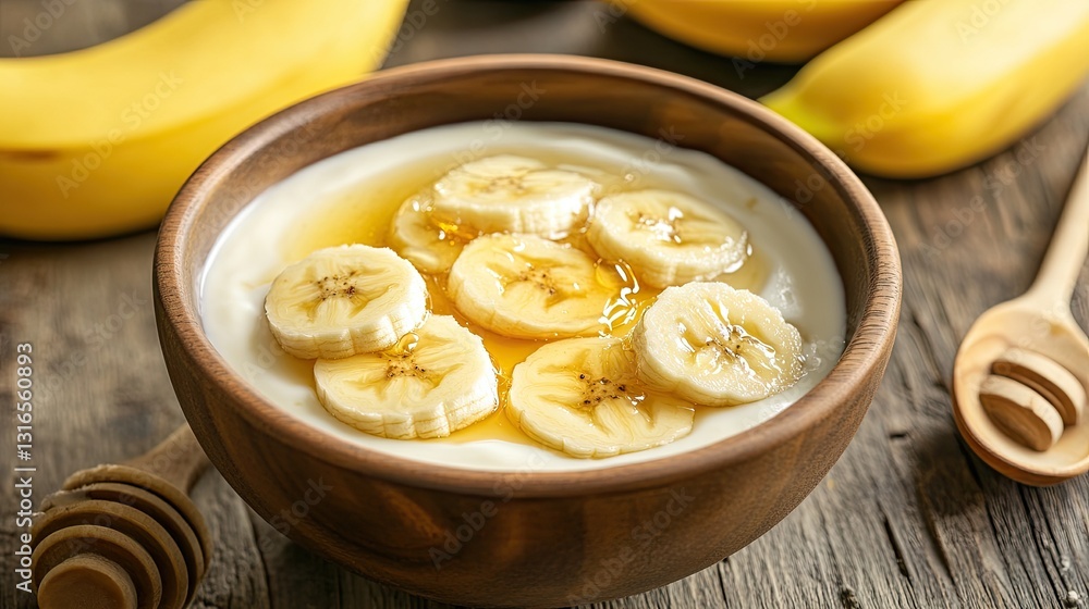 A bowl of yogurt with banana slices and a drizzle of honey. A bowl of yogurt with banana slices and a drizzle of honey.