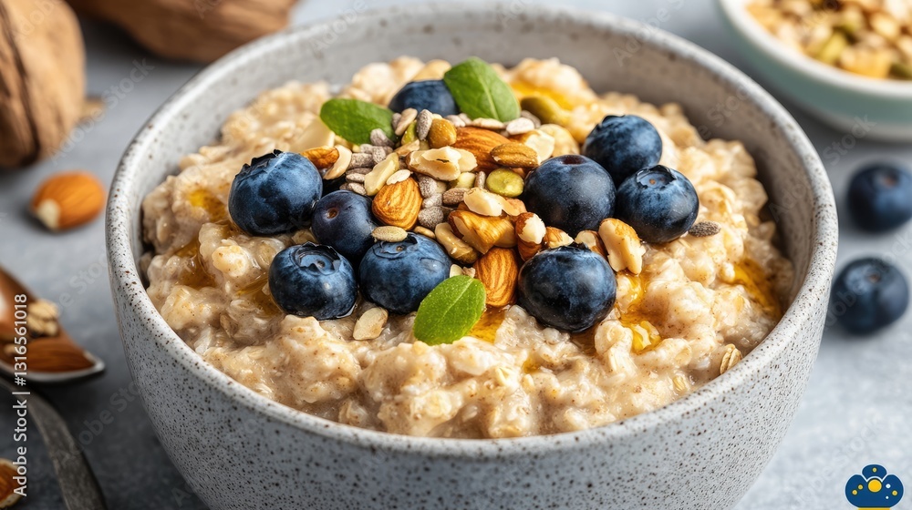A breakfast bowl of oatmeal topped with nuts, seeds, and blueberries. A breakfast bowl of oatmeal topped with nuts, seeds, and blueberries.