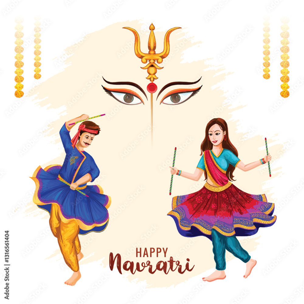 Fototapeta premium Shubh navratri with garba couple celebration card background