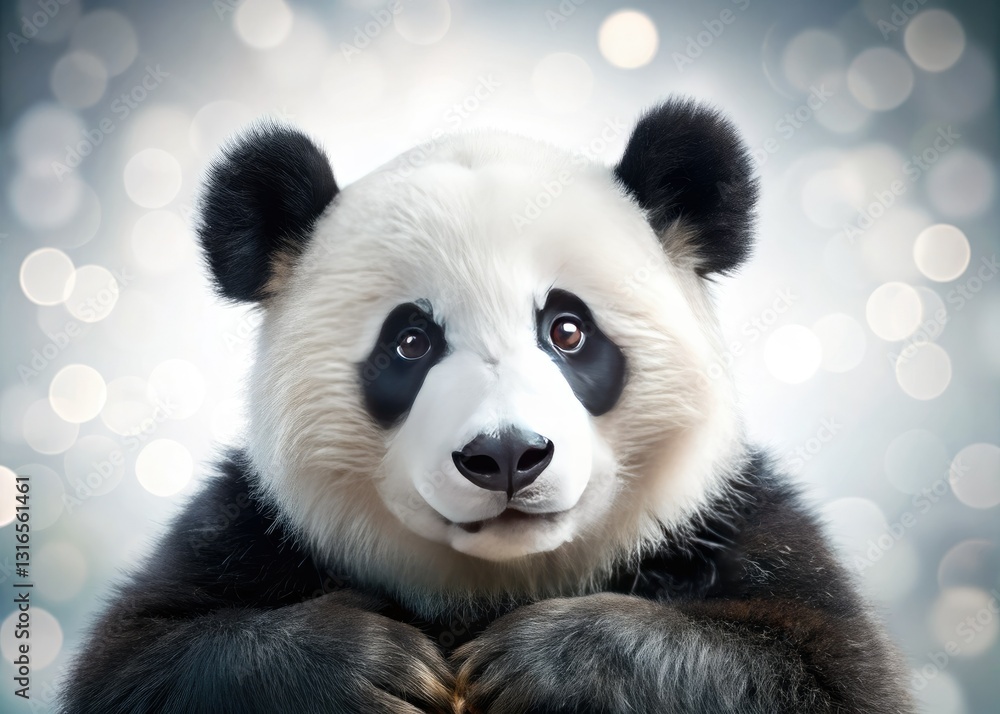 Fototapeta premium Adorable panda, chin on paws, bokeh background. Perfectly isolated, pure white backdrop.