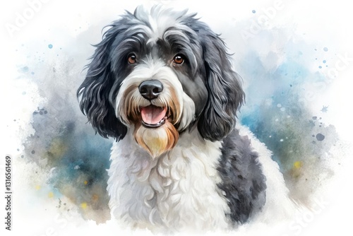 Adorable watercolor Portuguese Water Dog puppy portrait, a charming canine art print on a white background. photo