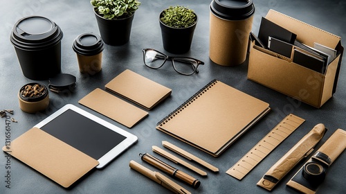 Stationery mockup with kraft paper cups, tablet, notebook, and office supplies