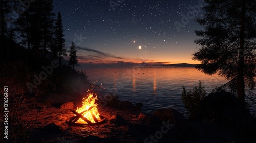 Campfire on lakeshore at sunset under starry sky.