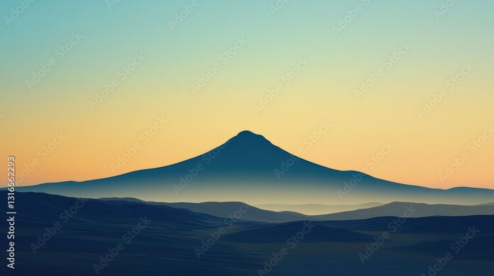A stunning sunset showcases a prominent mountain peak silhouetted against a colorful sky. Layers of rolling hills create depth and tranquility in the natural landscape. A stunning sunset showcases a prominent mountain peak silhouetted against a colorful sky. Layers of rolling hills create depth and tranquility in the natural landscape.