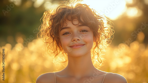  portrait of a young woman with curly hair, illuminated by soft golden sunlight.