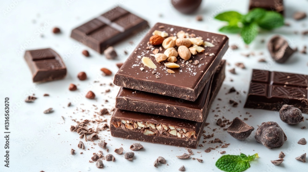 Dark chocolate bars stacked high with nuts and sea salt Dark chocolate bars stacked high with nuts and sea salt