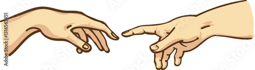 Hand to hand, Creation of Adam. Michelangelo. vector illustration