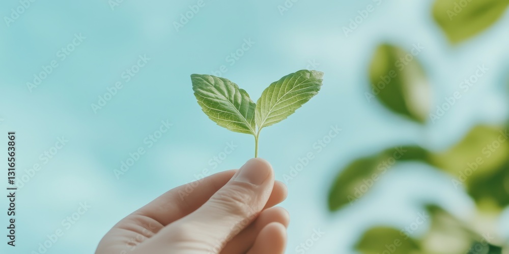Hand holding small green leaf sprout against sky
Hand holding small green leaf sprout against sky