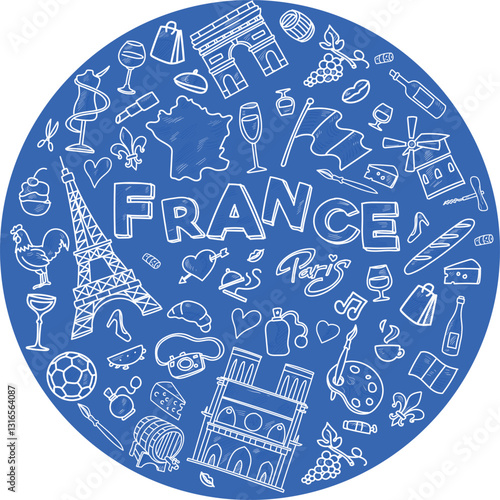 round France doodles elements, clip art,  collection set icon. vector illustration
