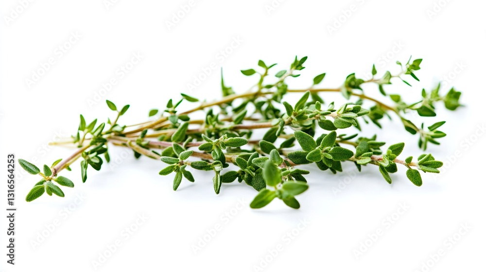 Fresh thyme sprigs elegantly isolated against a pristine white backdrop Fresh thyme sprigs elegantly isolated against a pristine white backdrop