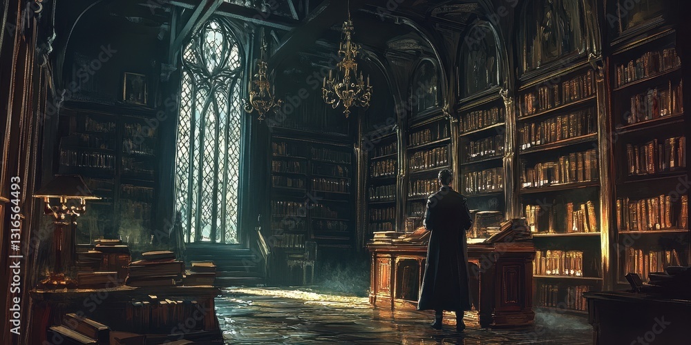 A person is in a dark library reading at a desk A person is in a dark library reading at a desk
