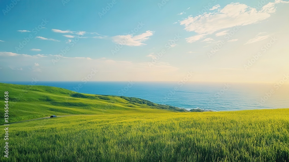 Obraz premium a coastal countryside road journey, a small car traveling through rolling green fields, the ocean stretching endlessly under a bright blue sky