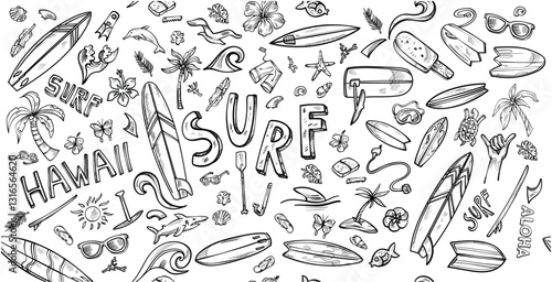 Horizontal background  surf  Hand drawn doodles elements. clip art vector illustration