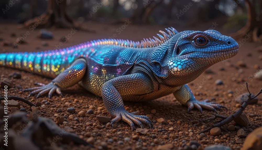 Fototapeta premium Iridescent Lizard Reptile on Red Ground Close up Detailed View