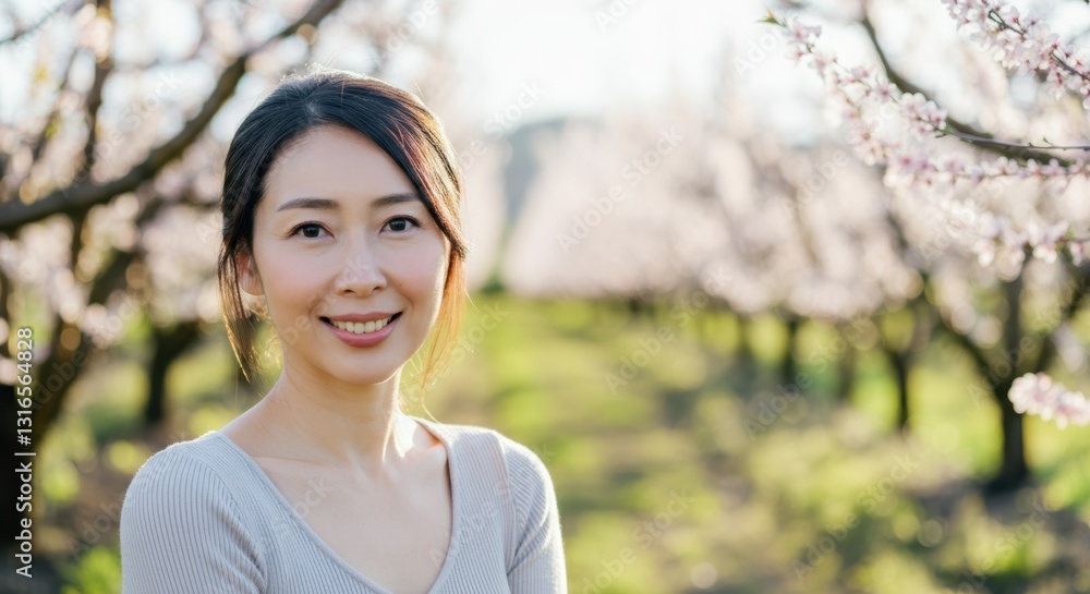 Smiling asian female in blossom orchard: serene spring portrait of mature woman Smiling asian female in blossom orchard: serene spring portrait of mature woman