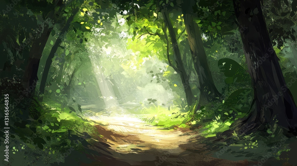 Obraz premium Sunlit path through lush green forest. (7)