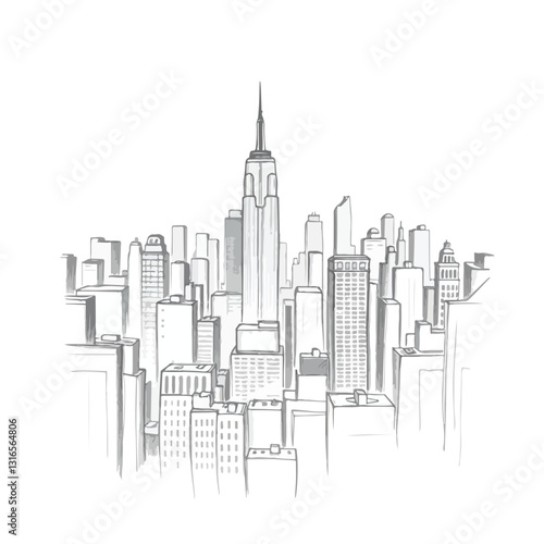 A minimalist New York City metropolis drawing, executed as a sketch using a smooth gradient transition, seamless color blending, and a muted color palette