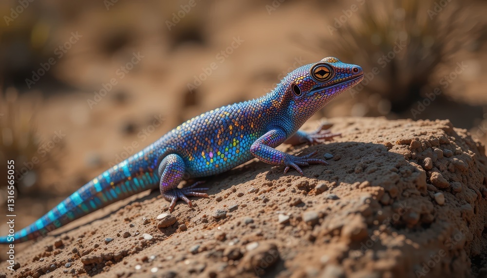 Vibrant iridescent lizard basking on arid ground in desert habitat Vibrant iridescent lizard basking on arid ground in desert habitat