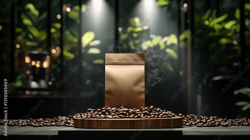 Steaming pack centered amidst coffee beans, wood surface, with botanical backdrop Steaming pack centered amidst coffee beans, wood surface, with botanical backdrop