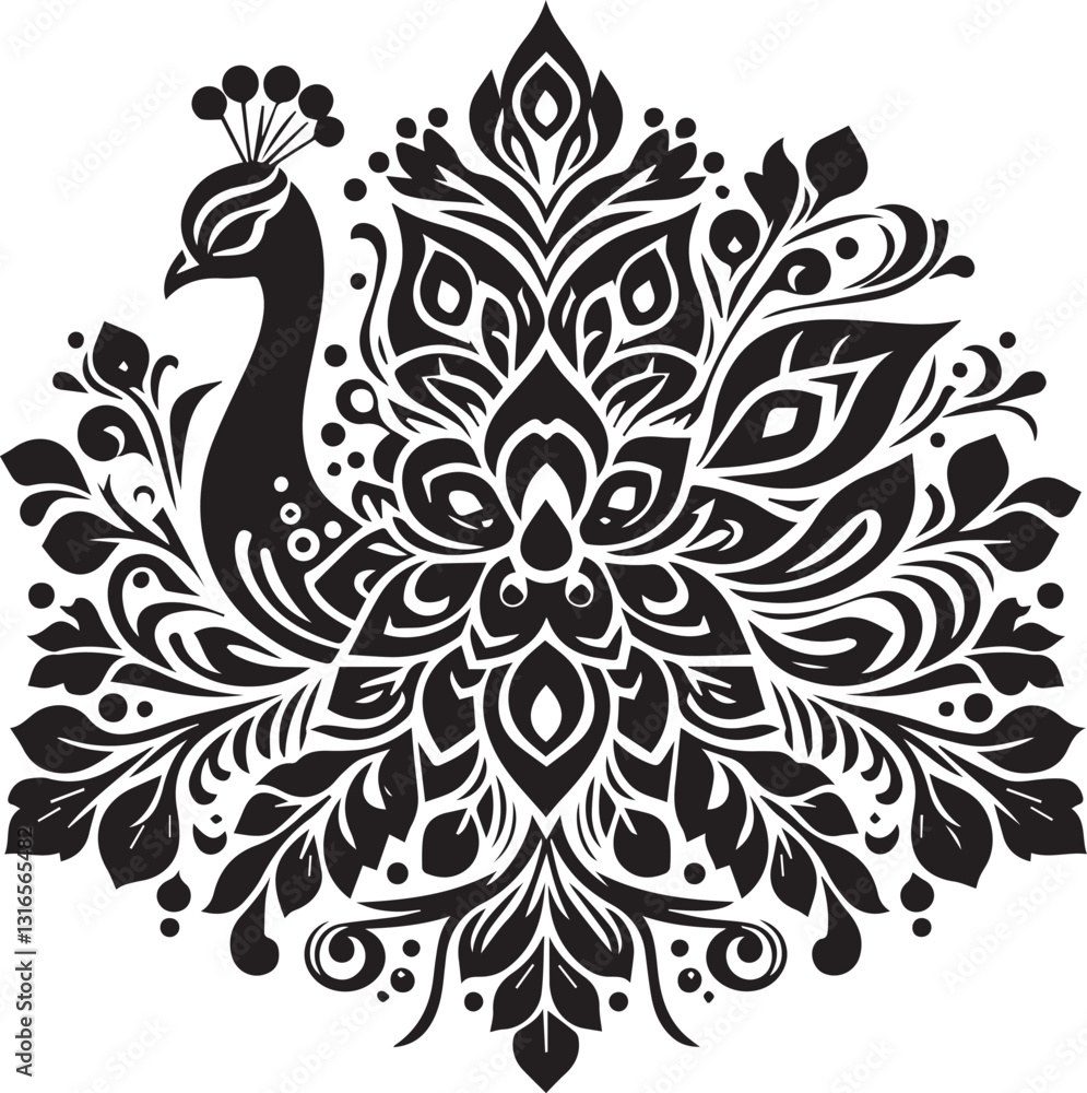 Fototapeta premium Ornamental peacock mandala with intricate symmetrical feather and floral details in black and white, ideal for elegant tattoos, nature-inspired decor, and spiritual meditation