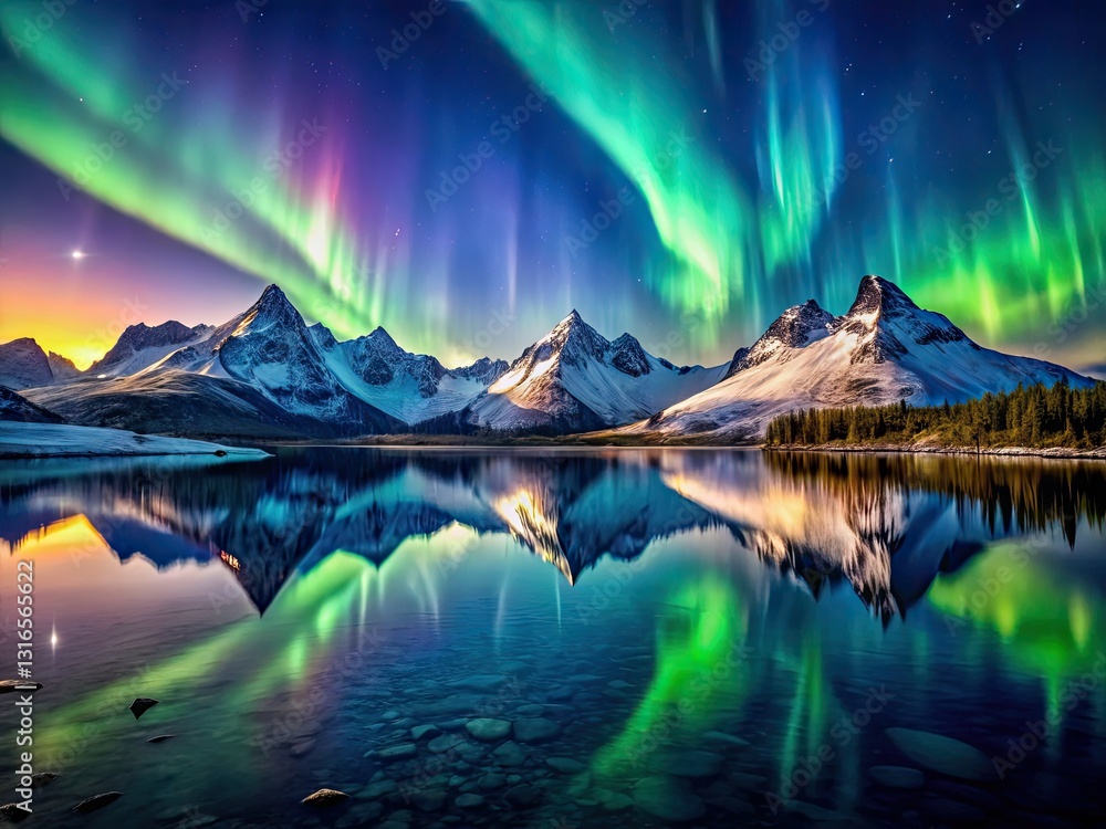 Breathtaking aurora borealis illuminates snowy peaks, reflecting in a tranquil lake's winter wonderland. Breathtaking aurora borealis illuminates snowy peaks, reflecting in a tranquil lake's winter wonderland.