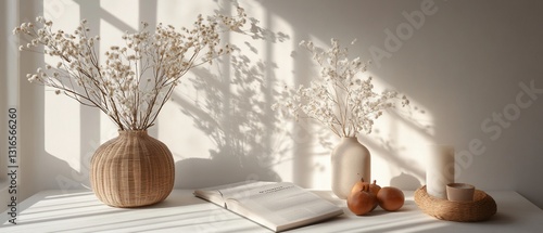 Still life featuring flowers, candle, book, fruit, and natural light