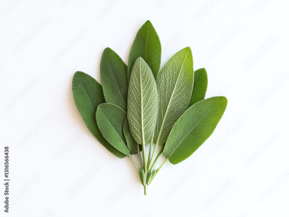 Obraz premium Elegant arrangement of sage leaves on a pristine white background
