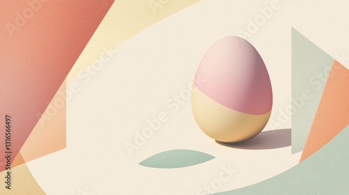 A pastel-colored egg sits quietly on a light beige surface, illuminated by natural light. Abstract shapes in soft hues create a serene and artistic atmosphere around it. photo