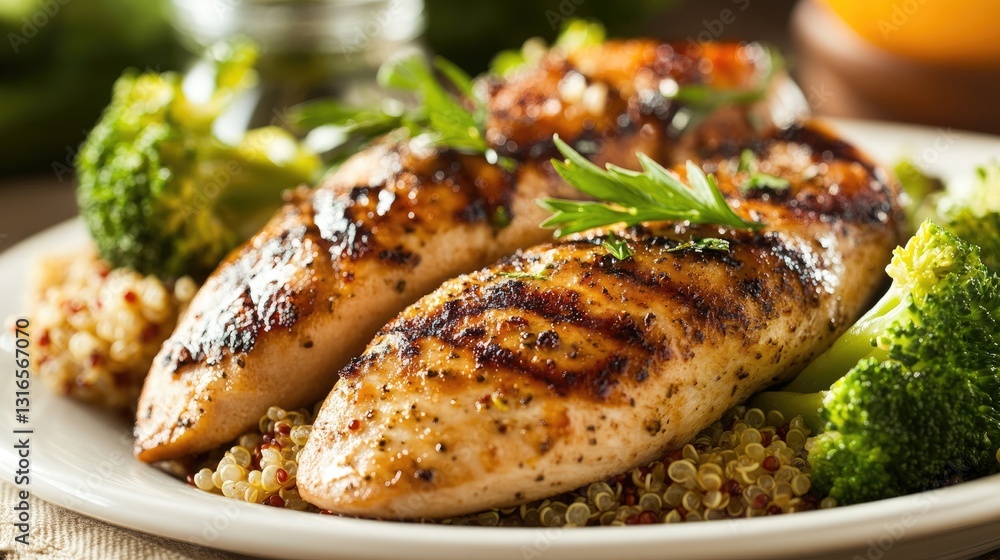 A plate of lean grilled chicken with steamed broccoli and quinoa. A plate of lean grilled chicken with steamed broccoli and quinoa.