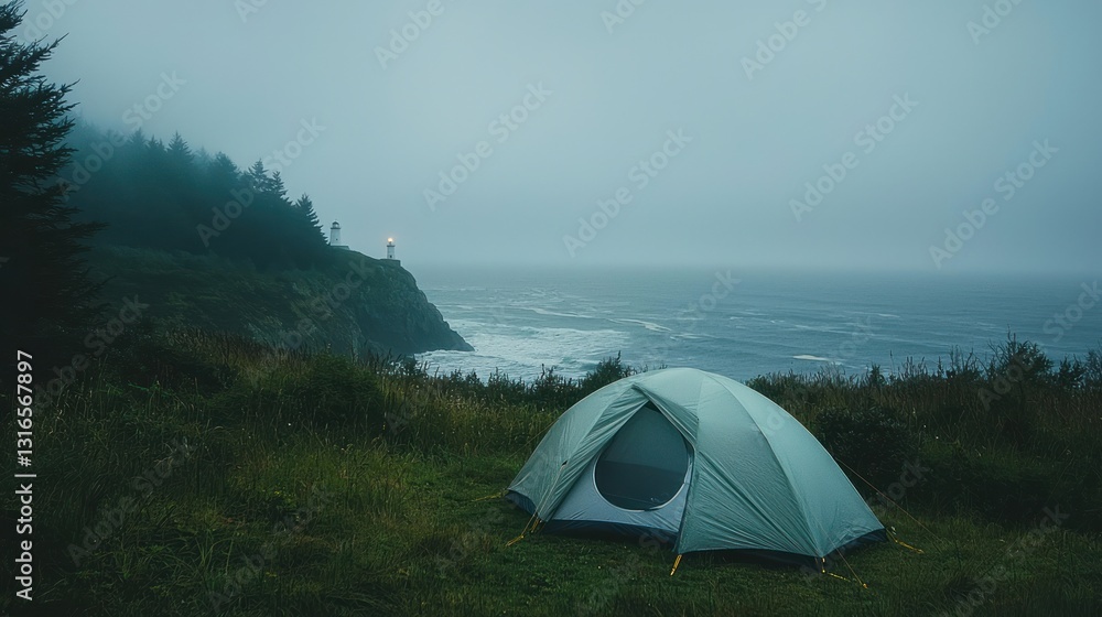 Obraz premium Misty coastal campsite with tent and lighthouse.