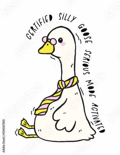 Cute Silly Goose on the Loose in serious mode, Retro Cartoon Hand Drawn Meme illustration Design
