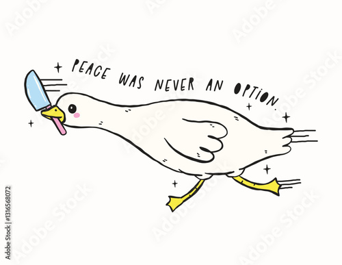 Cute Silly Goose on the Loose have knife Retro Cartoon Hand Drawing Meme Design Illustration