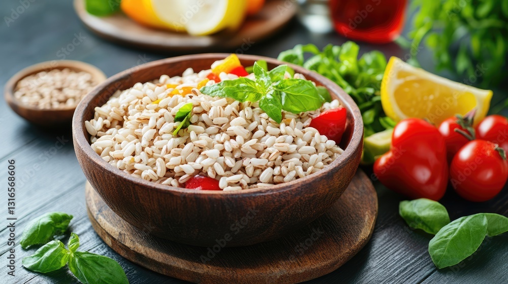 A steaming bowl of brown rice with side dishes rich in vitamin B. A steaming bowl of brown rice with side dishes rich in vitamin B.
