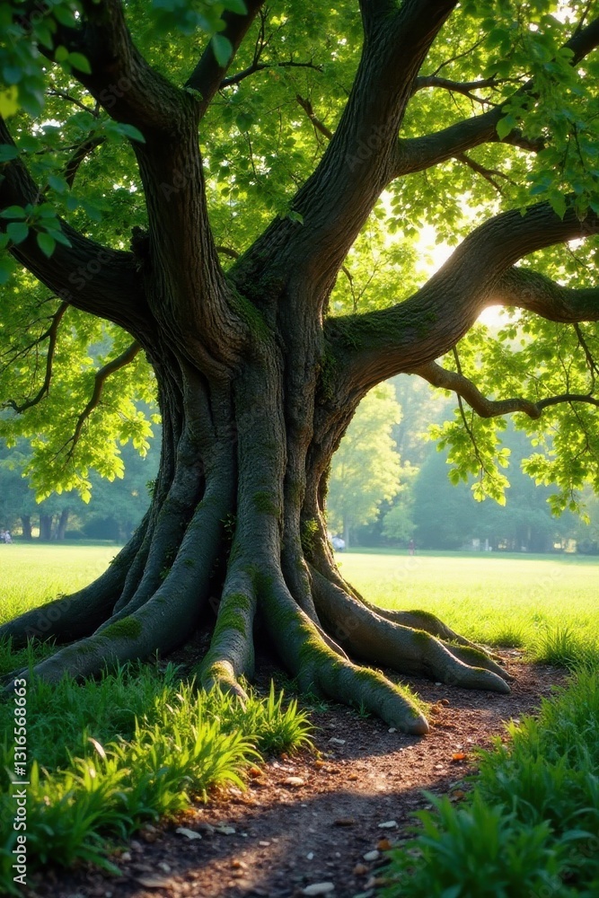 Obraz premium Ancient oak, gnarled roots, sunlight dappled leaves, life, leaves