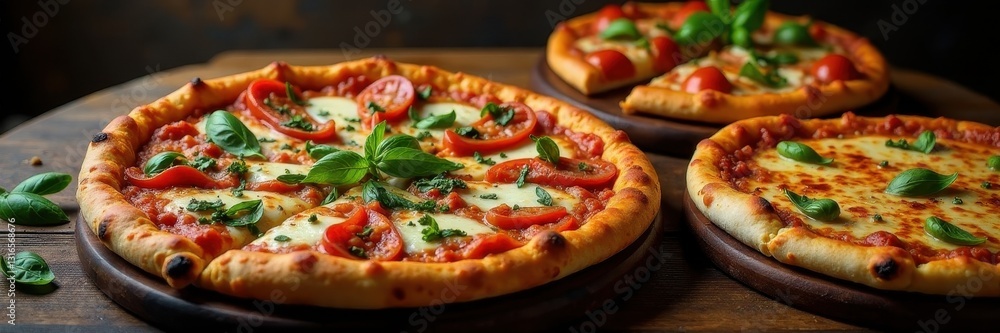 A rustic wooden table laden with various pizzas , slices, ingredients A rustic wooden table laden with various pizzas , slices, ingredients