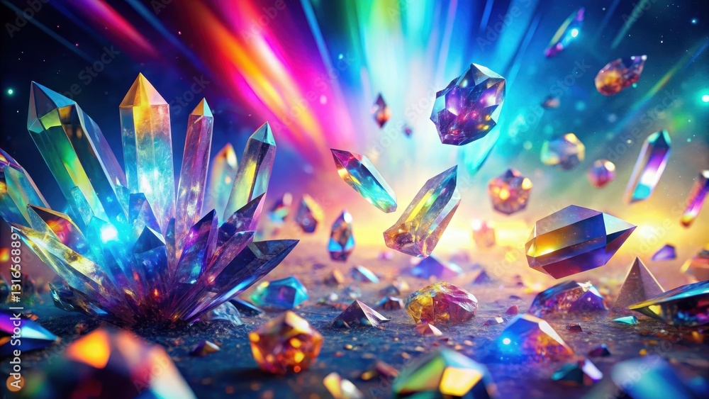 A vibrant explosion of iridescent crystals, radiating prismatic light and casting vibrant, colorful shadows against a dark, mysterious backdrop. A vibrant explosion of iridescent crystals, radiating prismatic light and casting vibrant, colorful shadows against a dark, mysterious backdrop.