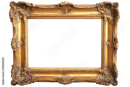 A golden ornate picture frame with intricate details on a white background in a studio setting