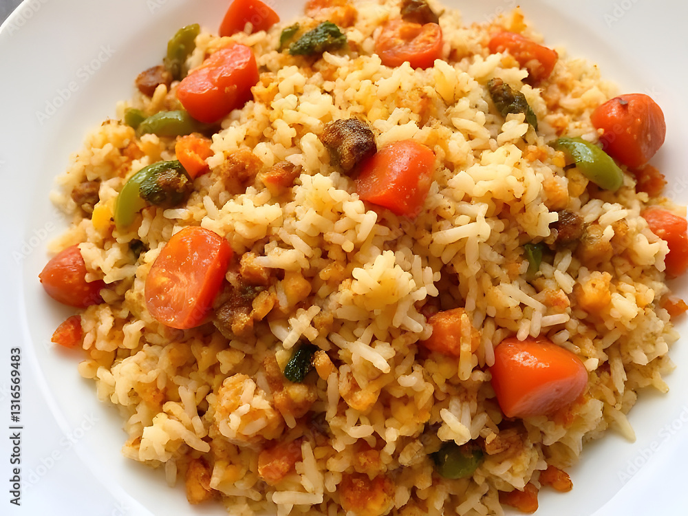 Delicious Vegetable Rice Dish with Carrots, Tomatoes, and Green Peppers on a White Plate. Delicious Vegetable Rice Dish with Carrots, Tomatoes, and Green Peppers on a White Plate.