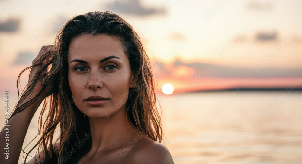 Young caucasian female at sunset beach with ocean view Young caucasian female at sunset beach with ocean view