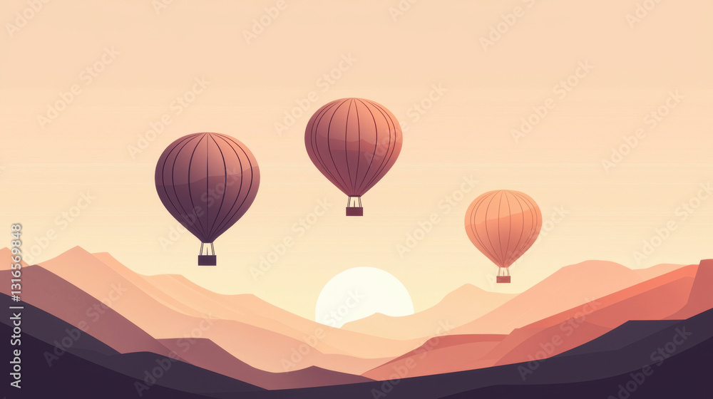 Obraz premium Three hot air balloons soar gracefully over rolling mountains as the sun sets, creating a calming atmosphere filled with warm shades and natural beauty.