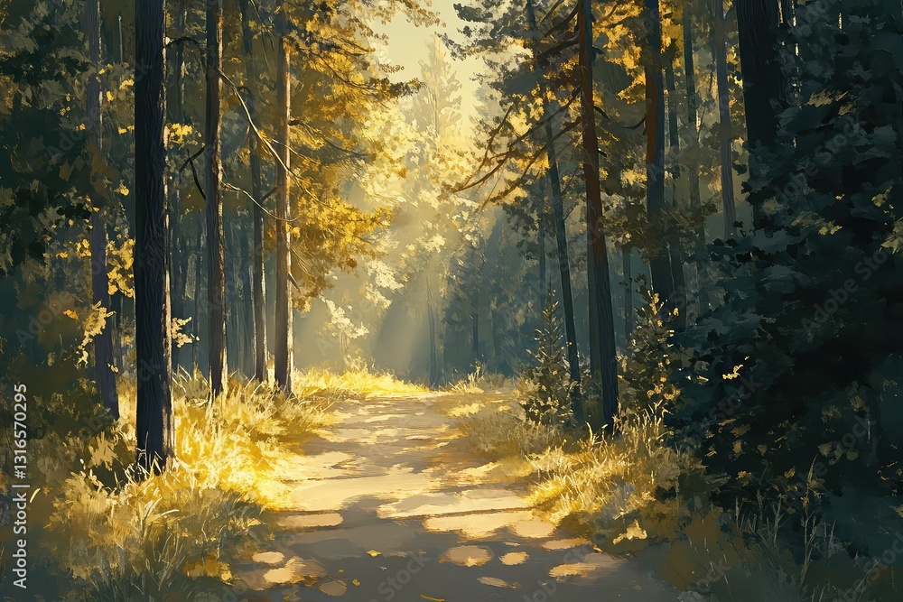 Obraz premium A peaceful forest path surrounded by tall pines, golden light seeping through the branches.