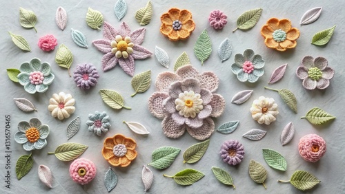 Pastel Crochet Flower and Leaf Arrangement on Soft Surface