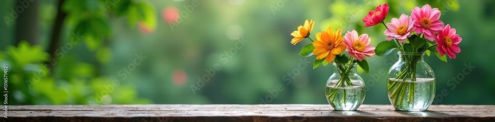 Hanging vases with falling water and blooming flowers, falling, water, greenery Hanging vases with falling water and blooming flowers, falling, water, greenery