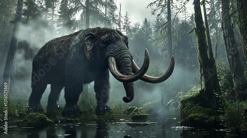 Woolly Mammoth in Misty Forest.  Possible Stock Photo Use Wildlife Photography