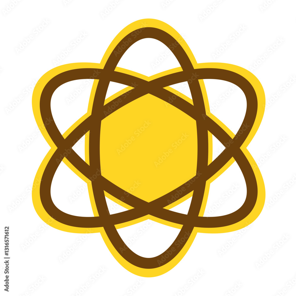 Golden Atom Symbolizing Energy, Innovation, And Scientific Breakthroughs With A Bold, Simplistic Line Art Style And Warm Brown And Yellow Tones Golden Atom Symbolizing Energy, Innovation, And Scientific Breakthroughs With A Bold, Simplistic Line Art Style And Warm Brown And Yellow Tones