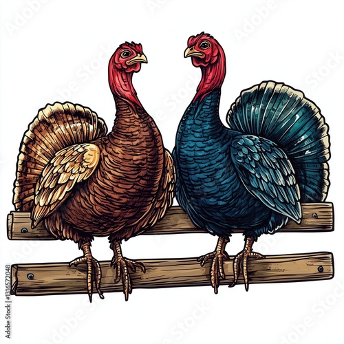 Stylized Illustration of Two Turkeys Roosting on a Fence with a Clean White Background photo